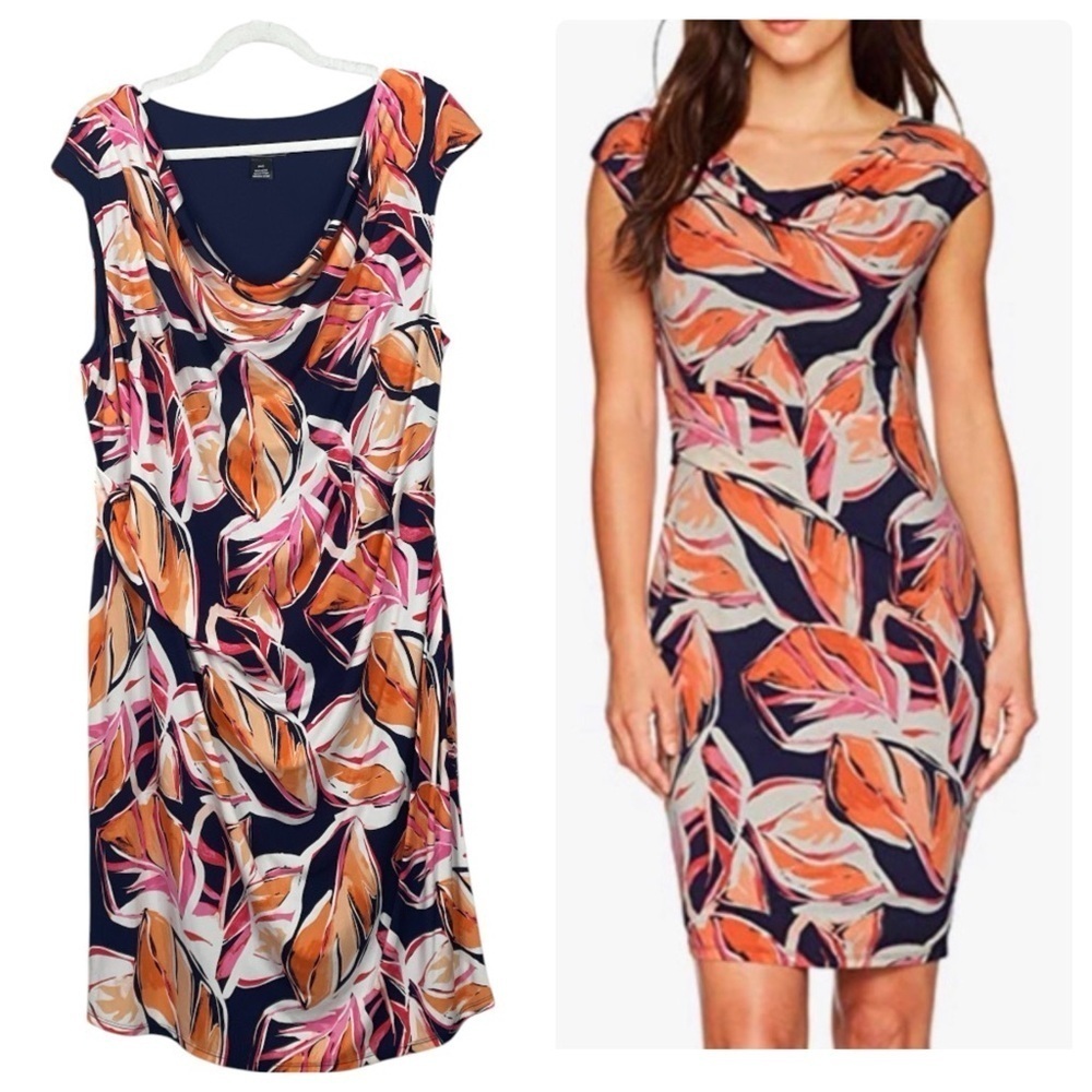 Jessica Howard Leaf Print Cap Sleeve Knee Length Jersey Knit Dress 20 W